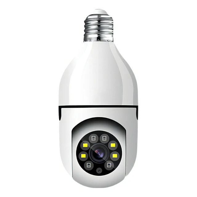 Câmera de segurança em formato de lâmpada branca da marca Techfun com lente central, sensores de visão noturna e base de rosca padrão