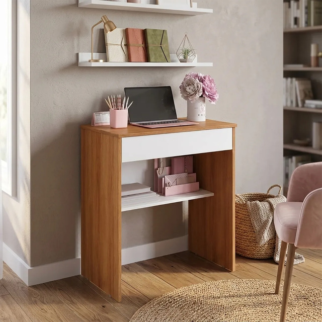 Escrivaninha Mesa De Estudo Home Office 1 Gaveta Notebook Jequitibá Com Branco
