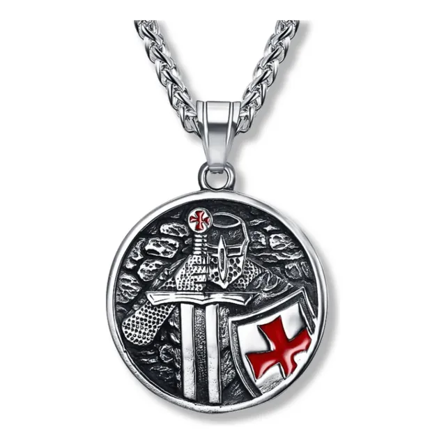Collar Caballero Templario Cruz Acero Color Plata Hombre