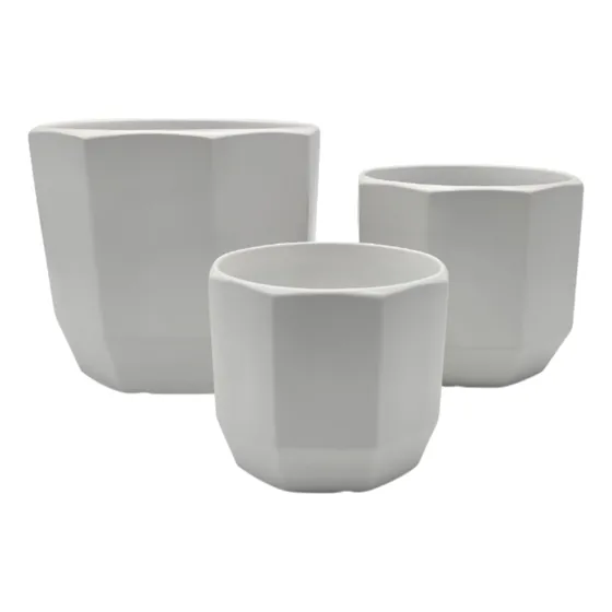 Set 3 Maceteros Maceta De Ceramica Blancos Lineas Verticales