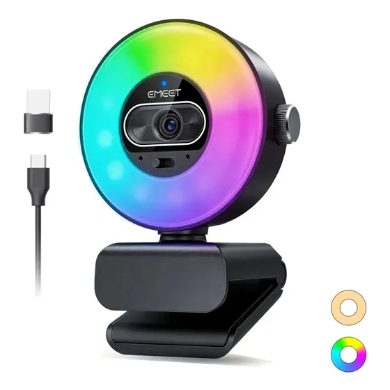 Emeet Webcam S600l 4k 30Fps 360 Graus Camera Para Pc 1080p 60fps Com Microfone RGB Ringlight Iluminação contínua Para Streaming Para TV Game