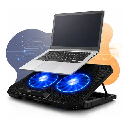Suporte Notebook Base Led Refrigerada Ventilação Silenciosa Cor Preto Led Azul Ajustável 2 Cooler Ventoinha Até 17 Polegadas