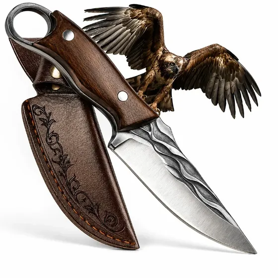 Faca Karambit 22cm Aço Inox para Churrasco, Lâmina Afiada 11cm, Cabo de Madeira Full Tang, Anel de Empunhadura, Bainha Inclusa, Ideal para Cortes de Carnes, Cozinha, Camping, Pesca e Churrasqueiro