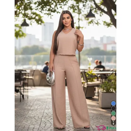 Conjunto Alfaiataria Feminino Moda Social Lycra Pantalona Bege G