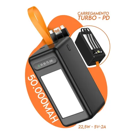 Power Bank 50000mah Preto Turbo 22,5w Carregamento Rápido Usb Tipo C Lightniing Alta Capacidade Portátil Compatível Com Celular Smartphone Tablet iPad Segurança Inteligente