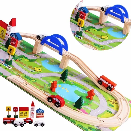 Autopista De Madera Didáctica para Armar 29 Piezas Rampa Autos Cubeta Toys