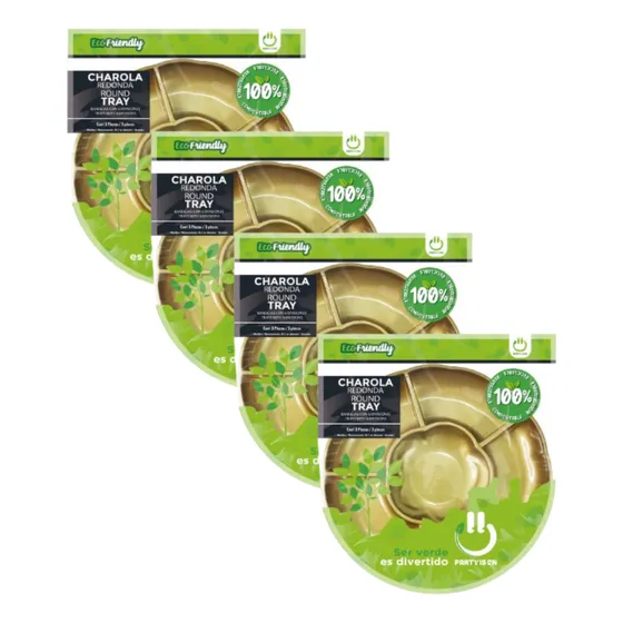 12 Charola Botanera Redonda 6 Divisiones Desechable Fiesta Color Dorado