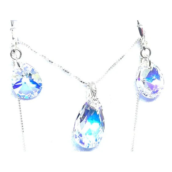 Collar Cristal Swa Gota 16 Mm Y Aros 12 Mm Plata 45cm