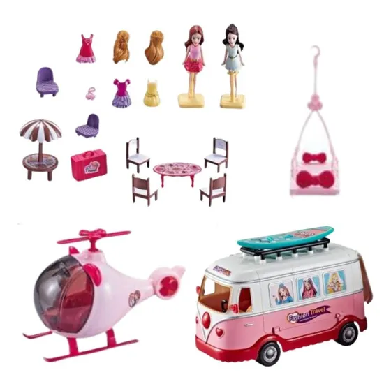 Camper De Viaje Y Helicóptero Con Muñeca