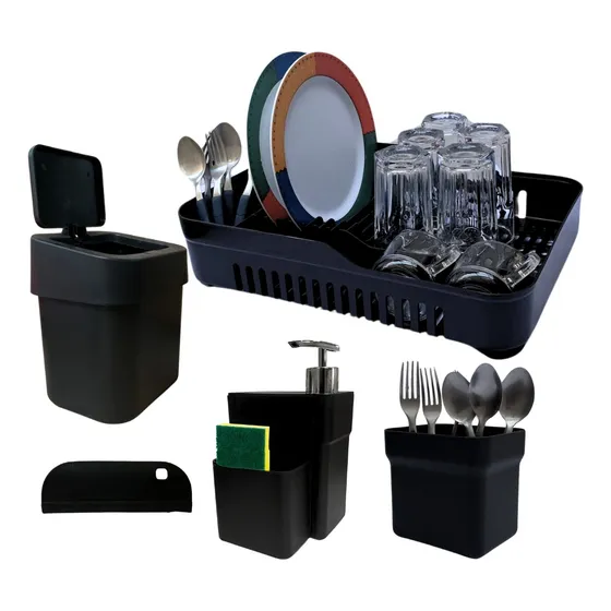 Kit Pia Cozinha Escorredor Detergente Lixeira Organizador 