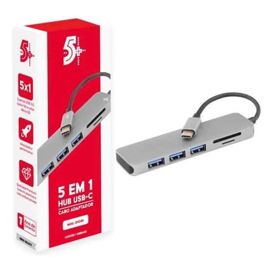 Hub usb-c 5 em 1 para usb 3.0 leitor SD e micro SD 5+