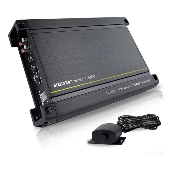 Amplificador Nano1200 Steelpro para Subwoofer Monoblock Bass 2 Ohm estable Alto Rendimiento Open Show, Crossover LPF/FULL, Bass Boost 12 dB, Fase Variable, Control de Bajos
