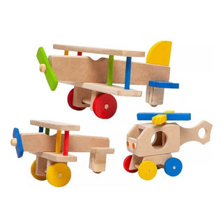 Brinquedo Pedagógico Kit 2 Aviãozinho 1 Helicóptero Madeira Brinquedo Pedagógico Kit 2 Aviãozinho 1 Helicóptero Madeira