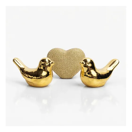 Kit Decoração Rose Gold 2 Pássaros+ Coração Enfeite Cerâmica Cor Dourado Brilho