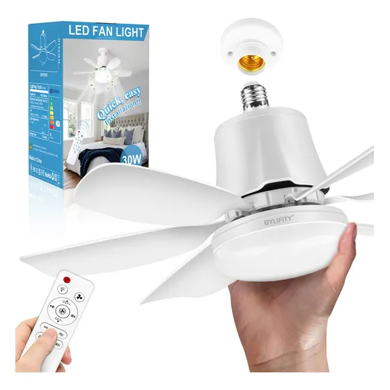 BYLIFITY® E26/E27 Ventilador de Luz con Mando a Distancia ,30W Pequeño Ventilador de Techo con Luz ,47CM Ventilador Luces LED Regulables de 3 Colores para Dormitorio,Cocina,Despensa,Armario-Blanco
