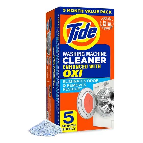 Limpiador de lavadora por Tide mejoradas por Oxi, pastillas limpiadoras de lavadora para máquinas de carga frontal y superior, caja de 5 unidades 75 g cada una 375 g neto remueve olores y residuos.