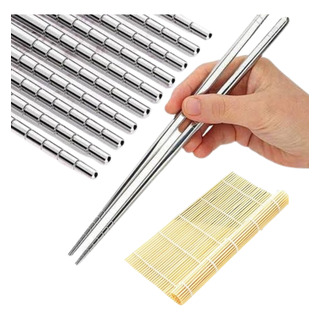 Kit Esteira Enrolar Sushi Bambu + 5 Hashis Inox Kit Japonês Kit Esteira Enrolar Sushi Bambu + 5 Hashis Inox Kit Japonês