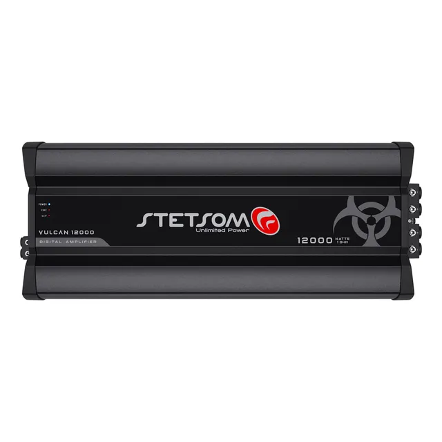 Módulo Stetsom Vulcan 12000 1 Ohm Amplificador Mono Full Range 5Hz ~ 7KHz 8000W RMS em 1 Ohm Entrada RCA 1 Canal 12000W em 12.6v e 12800W em 14.4v com HPF e LPF – Atende Sub, Woofers, Driver e Tweete
