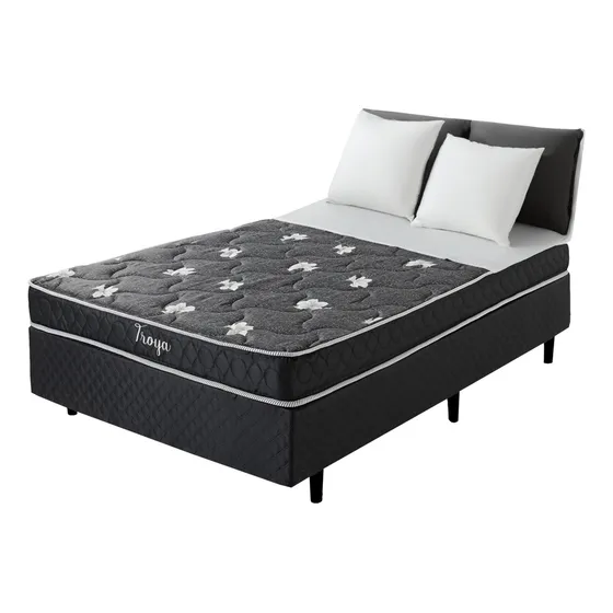 Sommier Colchon Y Base Troya 1.5 Plaza Espuma Reversible Color Negro