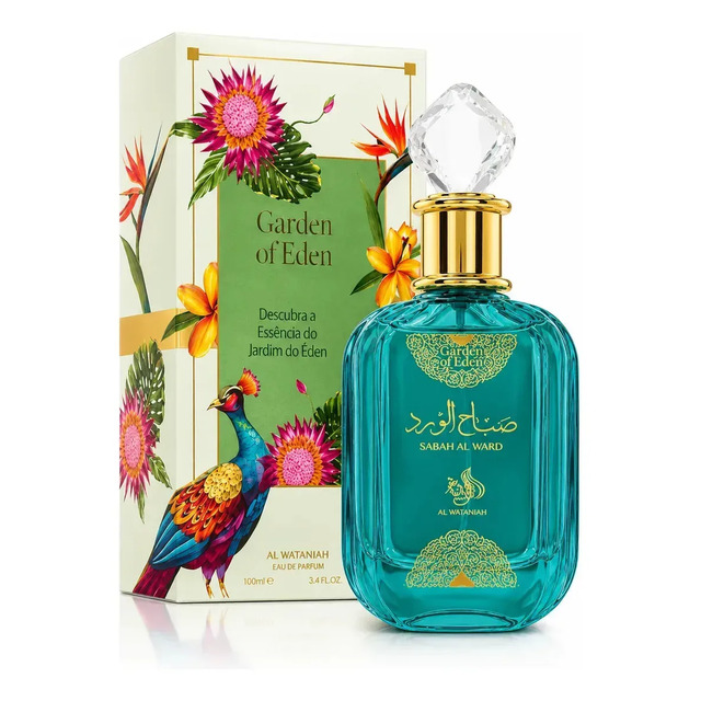 Frasco de perfume Sabah Al Ward Garden Of Eden de 100ml com tampa de cristal facetado ao lado de sua caixa decorada com ilustracao de pavao e flores tropicais