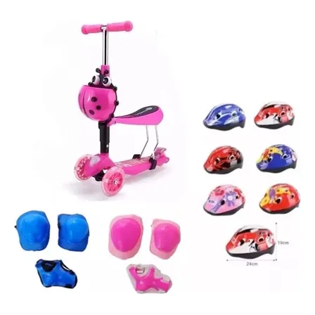 Scooter Monopatín 3 En 1 Ajustable Chinita + Set Protección
