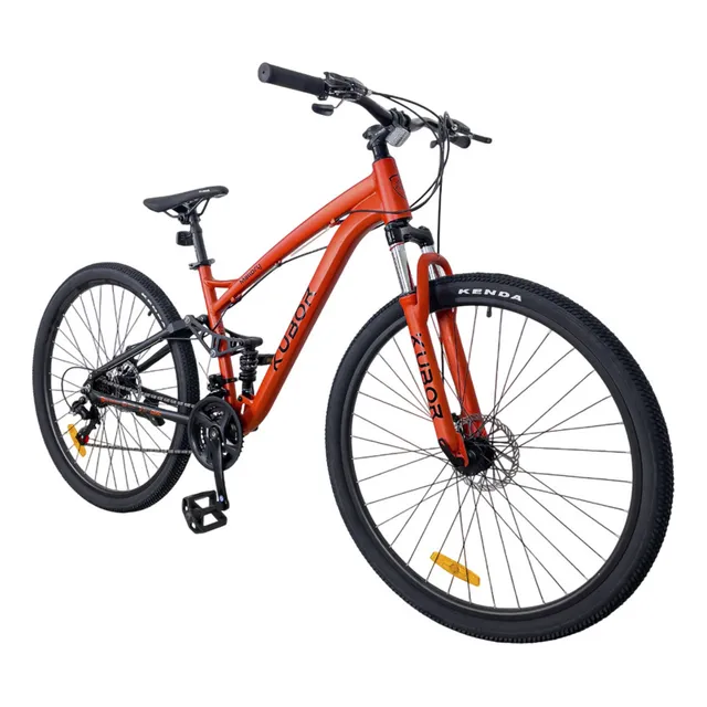 Bicicleta Montaña Rodado 29 Kubor Mallory Naranja Aluminio Doble Suspensión Shimano Frenos Disco 21 Velocidades MTB Trail Ruta Hombre Mujer Terreno Extremo Resistente Fuerte y Ligera Alta Durabilidad