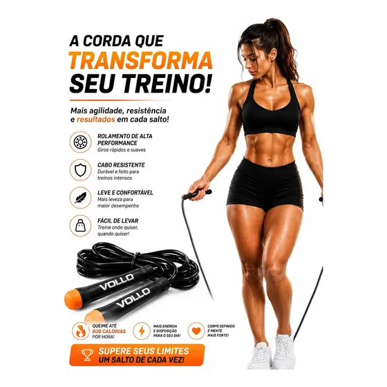 Corda De Pular Profissional Pvc Crossfit Treino Em Casa Vollo VP1075 Preto Ajuste Comprimento 275cm