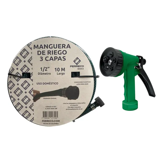 Manguera De Riego Para Jardín 10 Metros Con Pistola 5 Funciones Ferreco Basics
