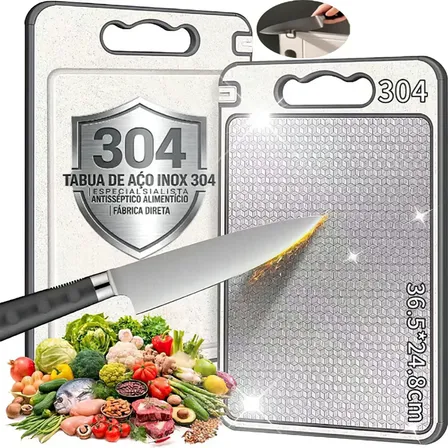 Tábua de Corte Dupla Face em Aço Inox 304 com Pedra de Afiar e Área de Moagem, Anti-Mofo e Antideslizante, para Carnes e Legumes VEIBOT