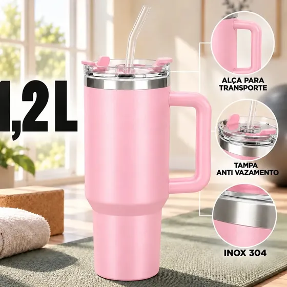 Copo Térmico Rosa Caneca Garrafa 1,2L 1200ml Inox Com Alça Tampa Anti-vazamento Canudo Parede Dupla Quente Fria Carro Academia Viagem Sólar