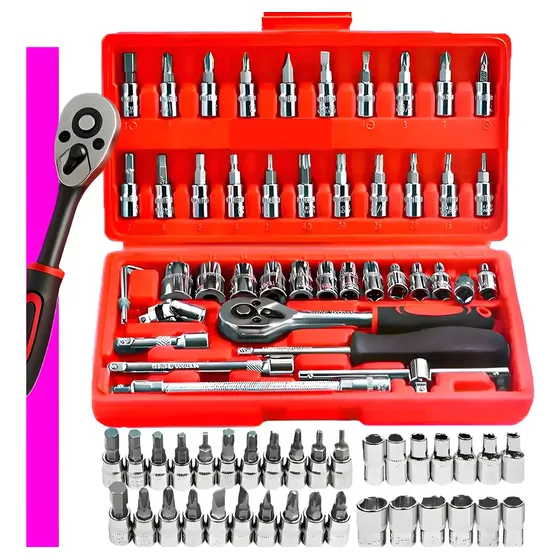 Kit Ferramenta 46 Peças com Soquete e Catraca Reversível 1/4 em Aço CRV, Jogo de Chaves com Bits, Maleta de Ferramentas Completa para Automóveis, Motos, Oficina e Reparos Domésticos, Uso Profissional