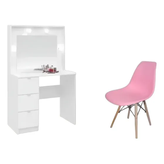 Mueble Tocador Blanco, Maquillador + Silla Rosa 