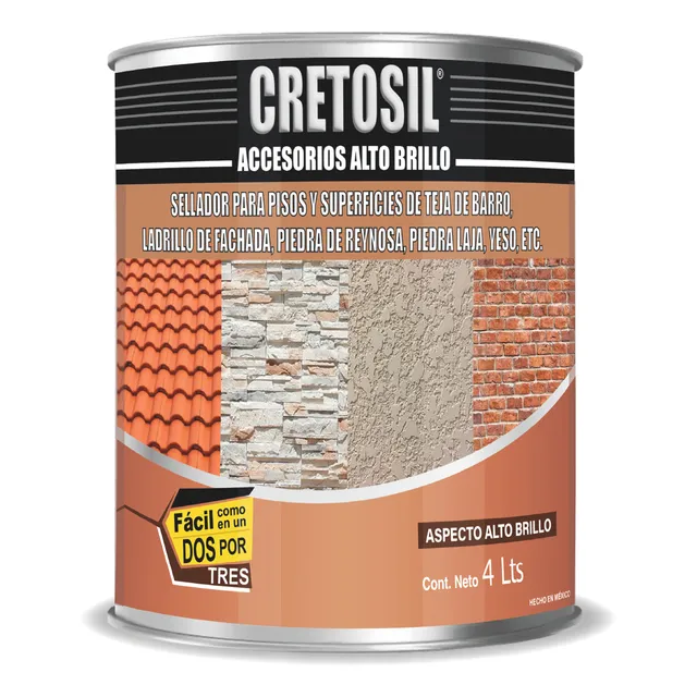 Cretosil Accesorios Sellador / Barniz Apariencia Mojado "Wet-Look" Aspecto Brillante. Para Concreto, Cantera, Barro, Ladrillo, Piedras, Yeso, Adoquin, Terracota y más. 100% Acrílico 4 Lts Transparente