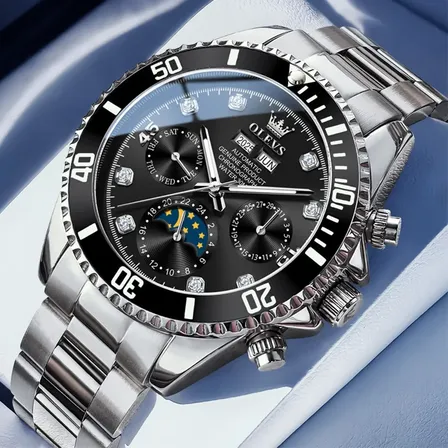 Relógio Olevs Masculino Automático Luxo Aço Preto Fundo 6729 Prateado Preto