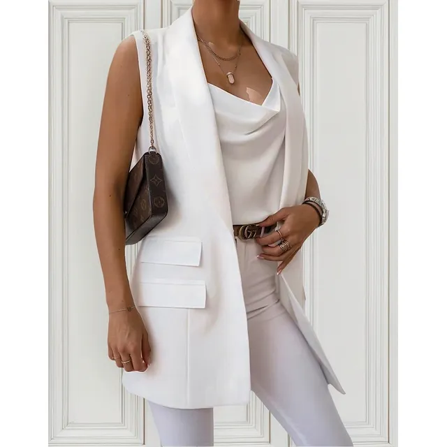 Chaleco Largo De Traje Mujer Color Sólido Cuello En V