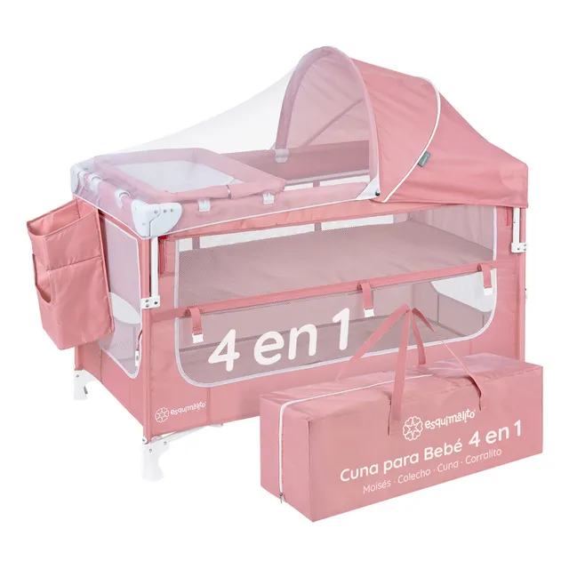 Cuna Para Bebé 4 En 1 Esquimal | Colecho, Moisés, Cama De Viaje Y Corral De Juegos | Plegable Y Portátil Con Toldo, Mosquitero Y Cambiador ( Rosa )