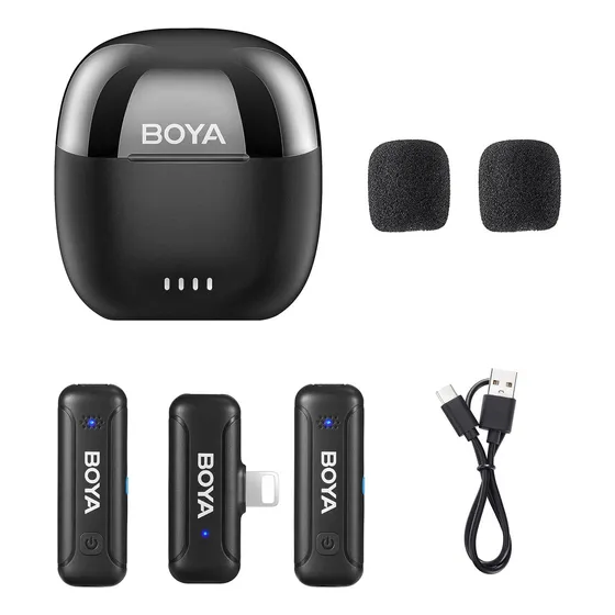 Micrófono Boya WM3t D2 Lightning de doble solapa, funda Carreg. Color: negro