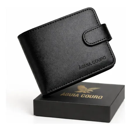 Carteira Masculina Legítimo Águia Couro Com Fecho Preto Home Preto Liso