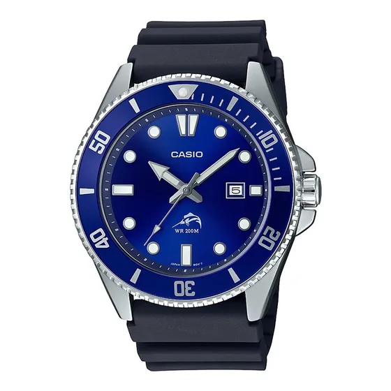 Reloj pulsera Casio MDV-106 MDV-106B-2AV con correa de resina color negro fondo azul bisel azul/blanco