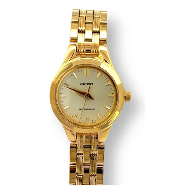 Reloj Orient Aub61001g1 Cuarzo Dorado/beige De Dama Correa Dorado Bisel Dorado Fondo Beige