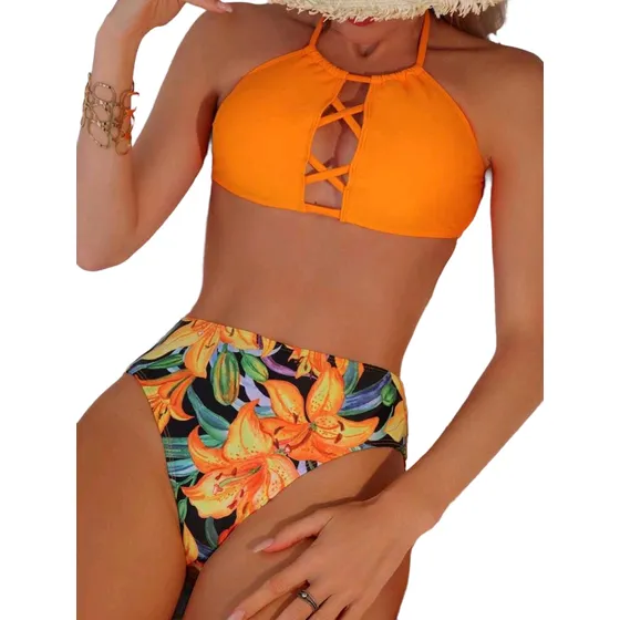Sexy Bikini Crop Halter Floral ¡2 Piezas!