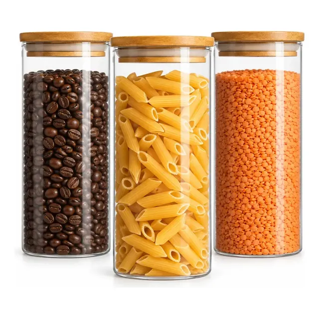 Kit 3 Pote Hermético Vidro 1000ml Tampa De Bambu Mantimentos Alimentos Muug
