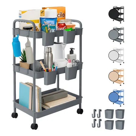 Carrito Organizador Multiusos 3 Niveles 4 Cestos Y Ganchos Auxiliar Ruedas 360 Desmontable Soporta 13kg 72x37x21cm Blick Color Gris