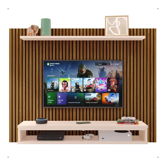 Painel Tv Ripado 32 39 40 43 47 48 Polegadas Com Prateleira Cor Ripado Freijo / Off White