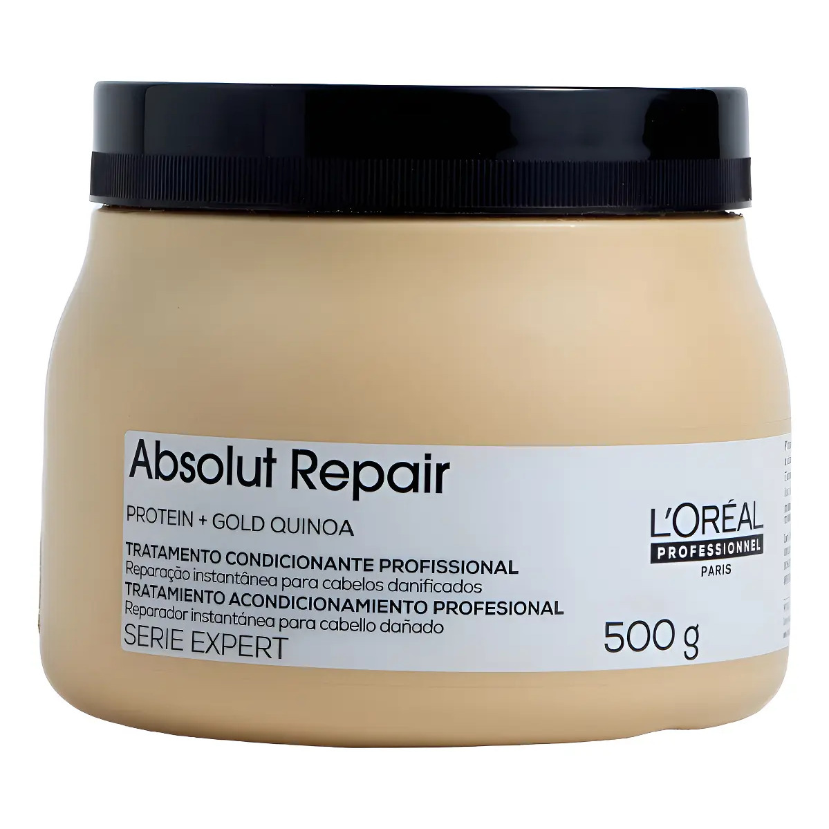Pote de máscara capilar L'Oréal Professionnel Absolut Repair de 500g com tampa preta e rótulo branco
