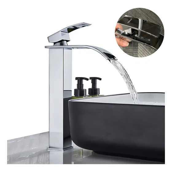 Grifo De Baño Cuba Alta Cascata Inox, Banco De Metal Yesop, Acabado Brillante, Color Cromado