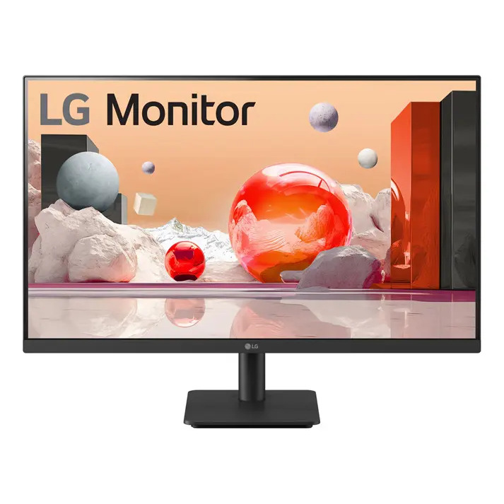 Monitor Gamer LG de 27 polegadas na cor preta exibindo um papel de parede colorido com esferas e formas geométricas em uma mesa