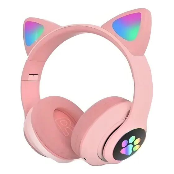 Fone Bluetooth Orelha De Gato Led Colorido Rosa