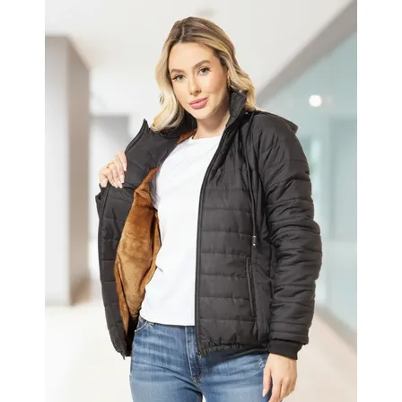 Jaqueta Feminina Forrada Com Pelucia Fleece Capuz Quentinha