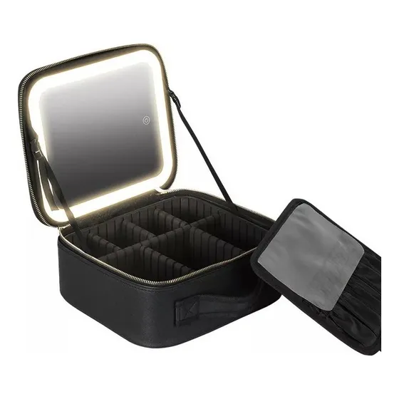 Estuche De Maquillaje Con Espejo Luz Led Cosmetiquera Color Negro